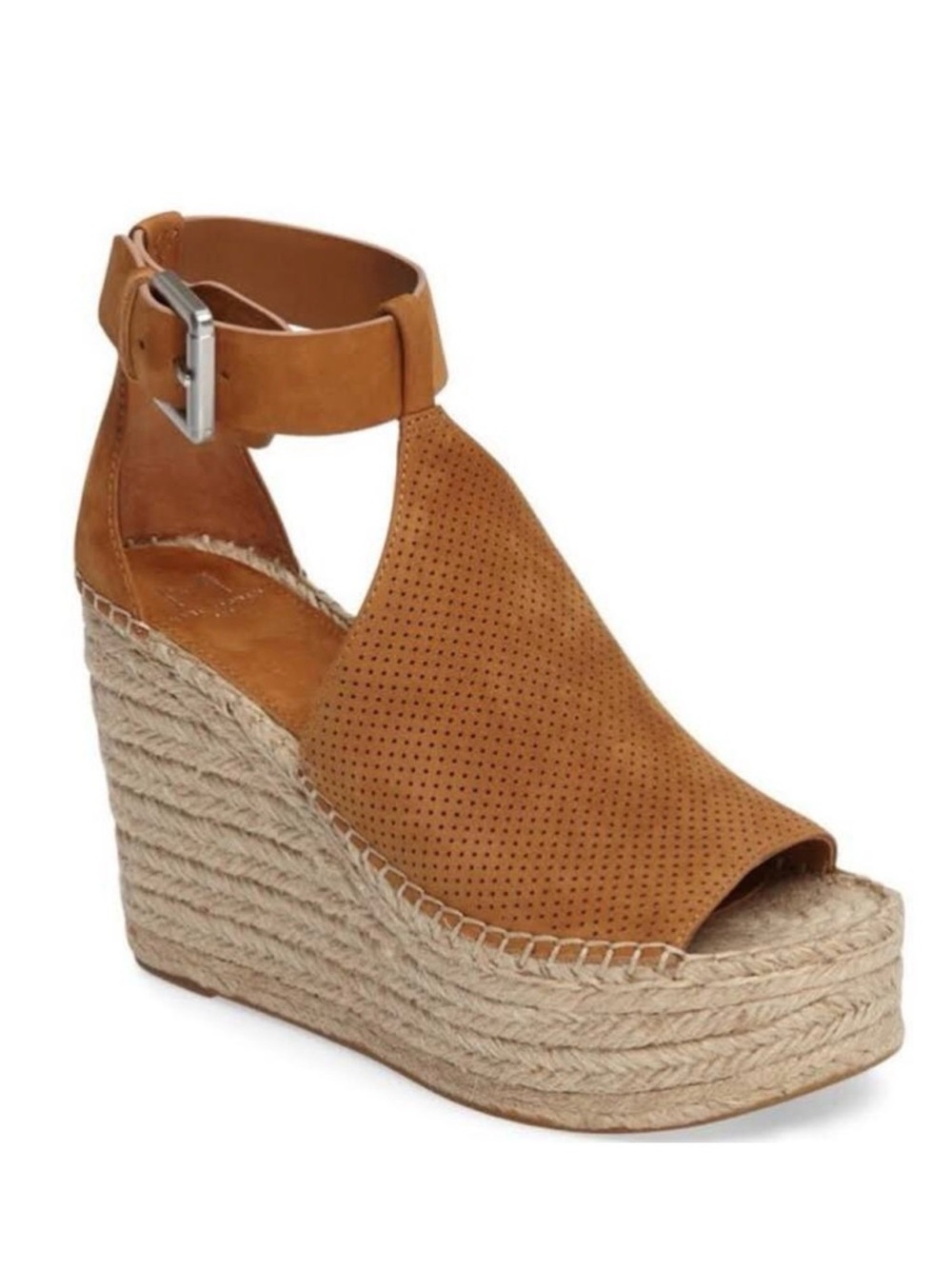 Marc Fisher Perforated Tan Espadrille Ankle-Strap Wedge
